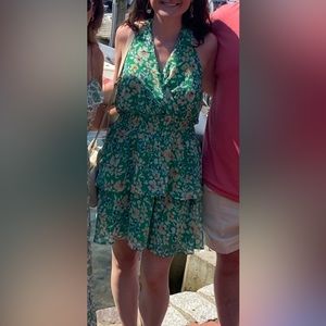 Green Floral Ruffle Halter Sun Dress